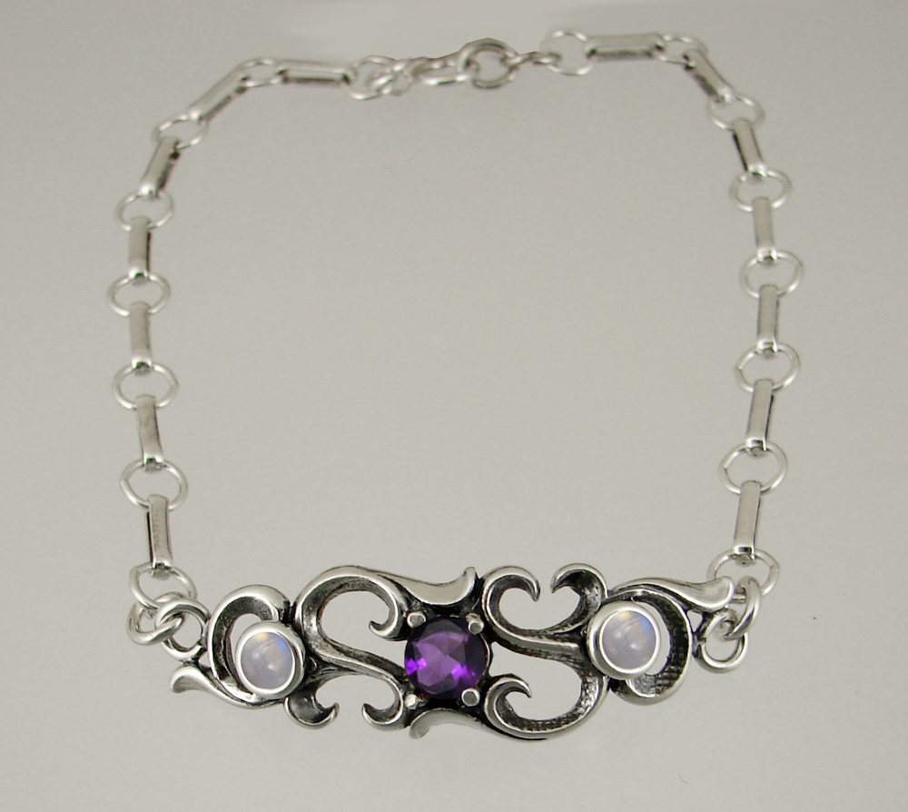 Sterling Silver Bracelet With Faceted Amethyst And Rainbow Moonstone